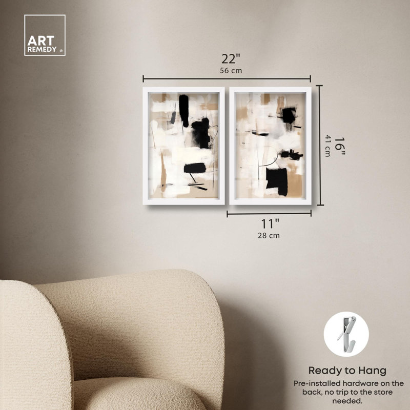 Ensemble de décor mural abstrait « Shadowbox Print » – Ensemble de décor mural bohème doré par Art Remedy, cadre noir, 10 x 15