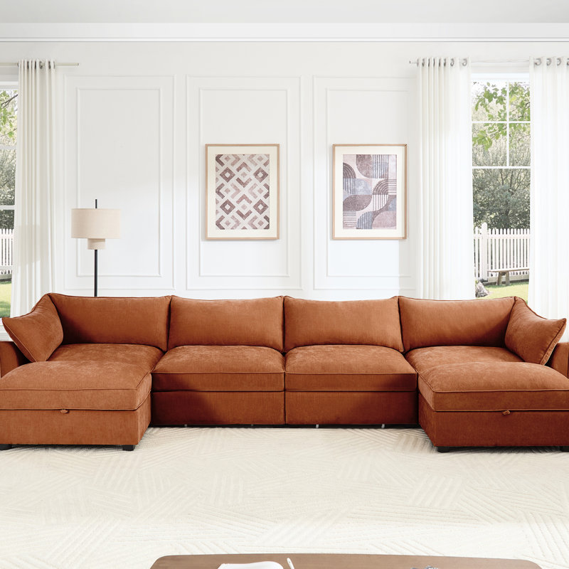 Chenille orange à 4 places en forme de U avec 2 repose-pieds, tiroir de rangement modulaire surdimensionné sous chaque siège, conception intégrée et coussins d'accoudoirs, tissu en forme de croissant Clean Line, doux