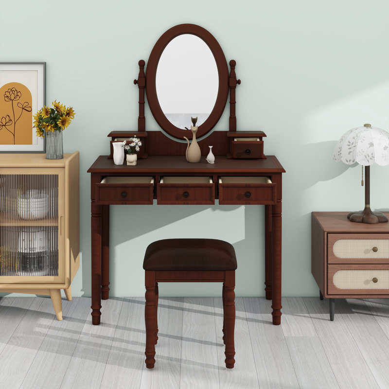 Ensemble de coiffeuse avec miroir à angle réglable, tabouret rembourré en velours et rangement doublé de tissu