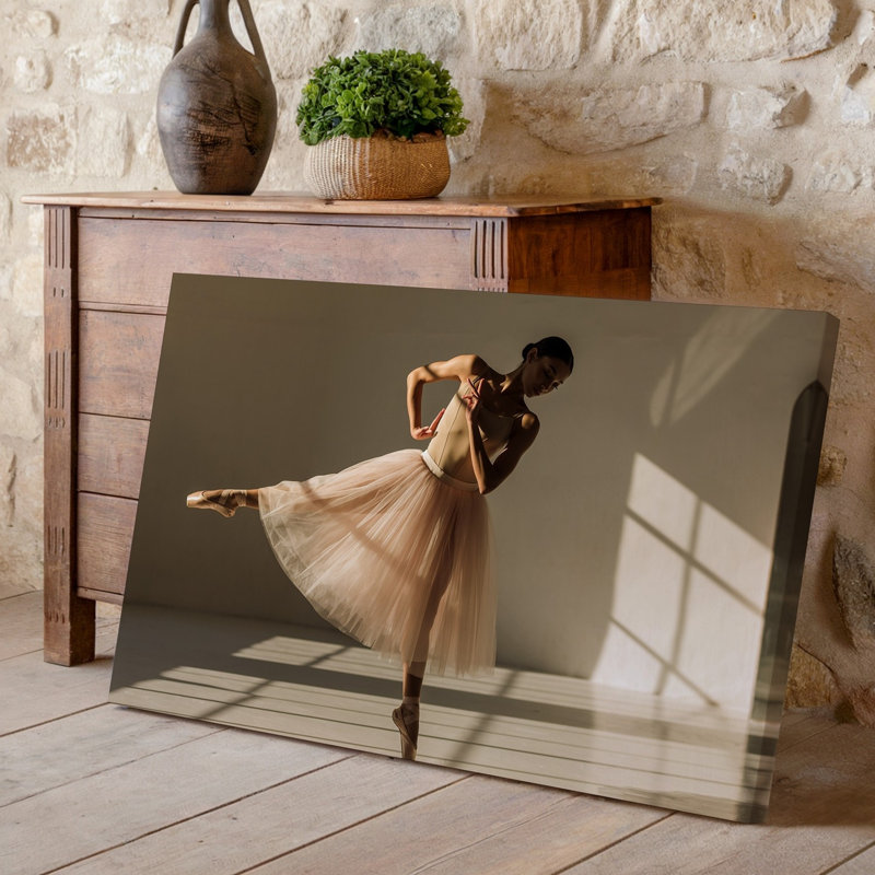 Toile, "A Graceful Ballet Dancer Strikes An Elegant Pose In A Wall Art" Softly Lit Studio Bathed In Warm Golden Sunlight Streaming, art mural