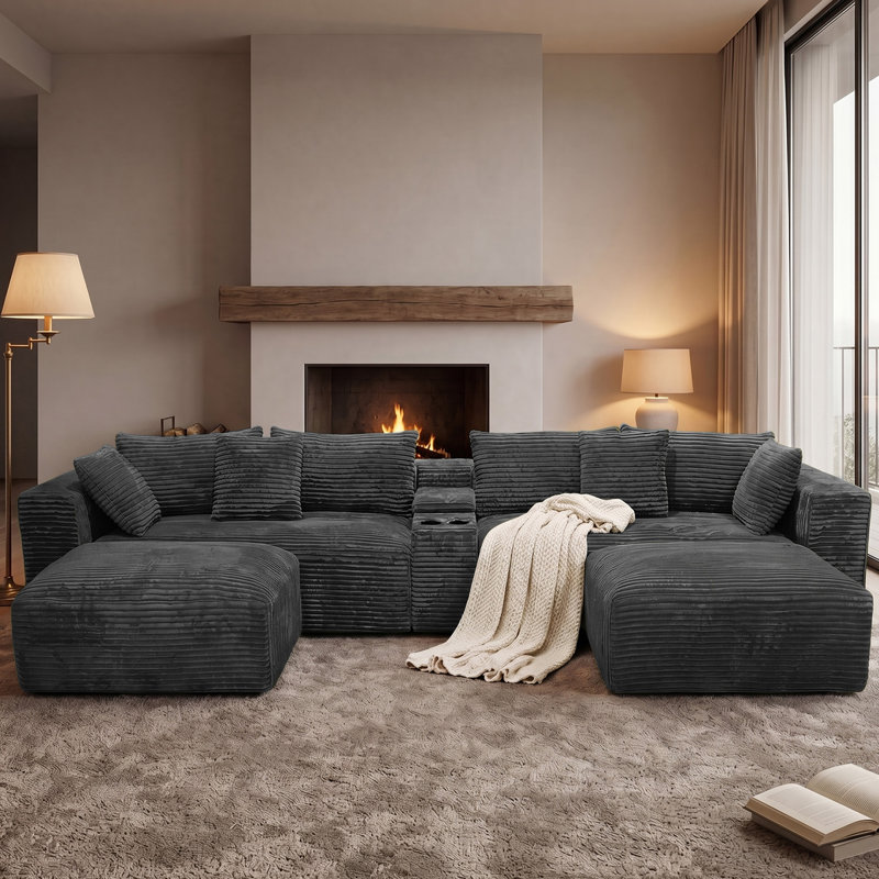 Canapé modulaire surdimensionné en velours côtelé avec console USB et porte-gobelets, Dark Grey Chenille