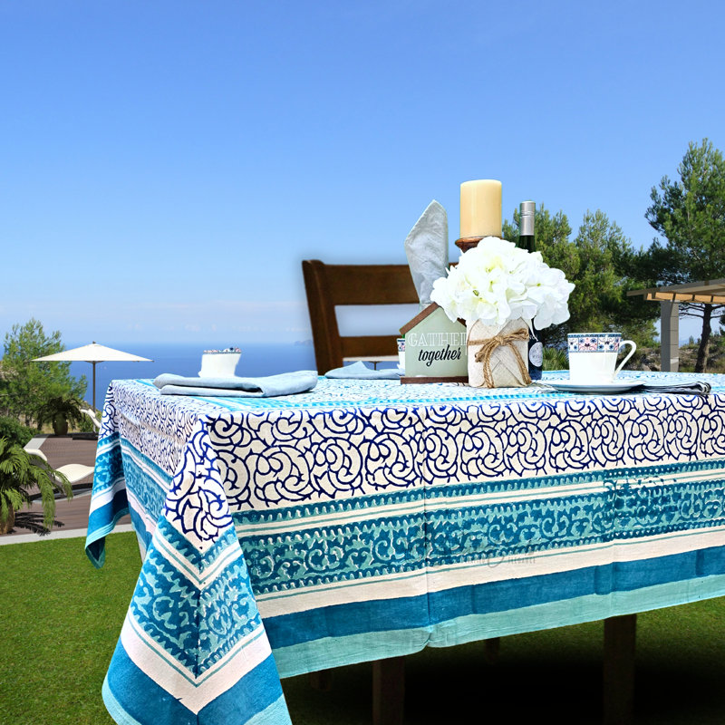 Nbad Cotton Floral Vine Tablecloth, Aqua, 60" W x 90" L