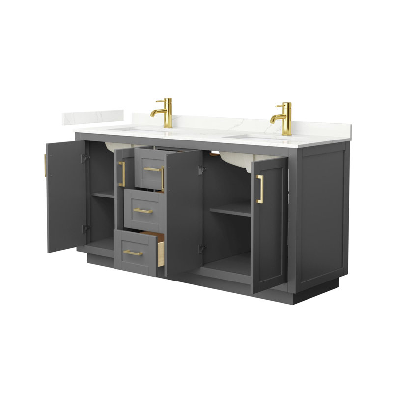 Miranda 66" Freestanding Double Bathroom Vanity with Quartz Top, Giotto Quartz, Dark Gray, Brushed Gold