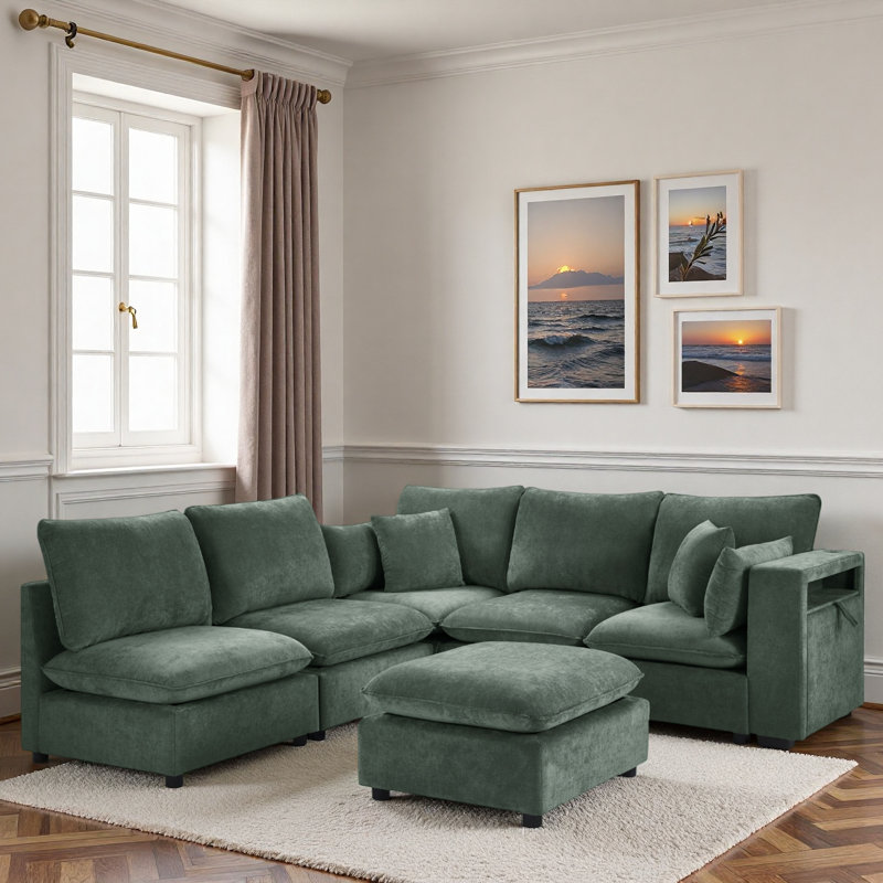Canapé modulaire moderne avec repose-pieds mobile, accoudoirs de rangement et ports USB, Chenille verte