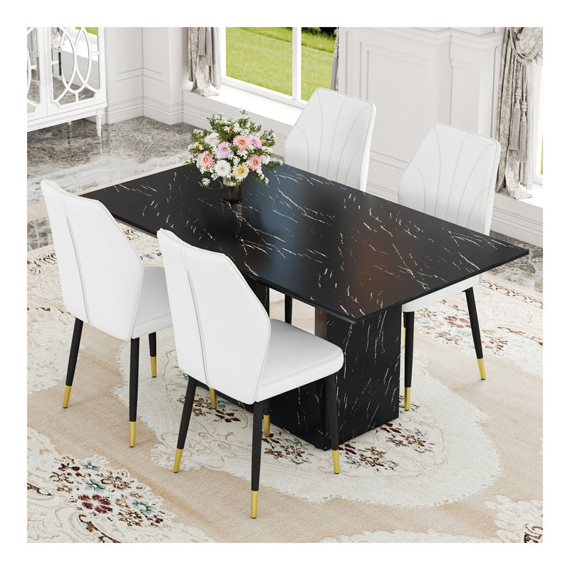 Ensemble de table et de chaises. Ensemble de salle à manger en panneau de fibres à densité moyenne à motif de marbre - 63 po x 35,4 po avec 4 chaises en polyuréthane avec un dossier élargi. Vous procure une sensation luxueuse.
