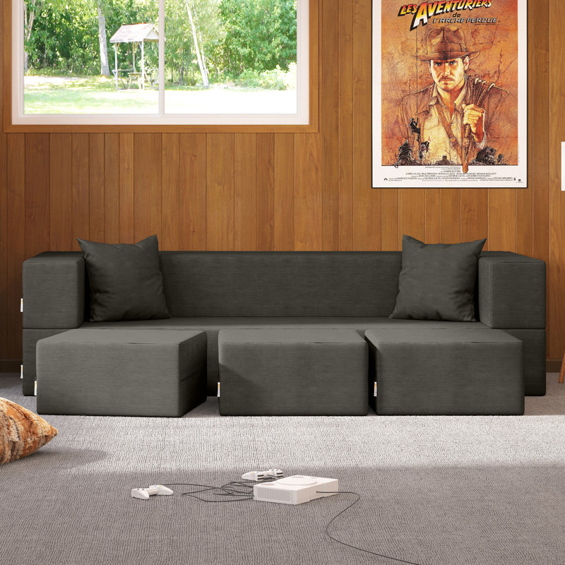 Shontae Zipline Convertible Compression Sleeper Sofa, Three Ottomans, & Pillows / California King-Size Bed, Textured Microvelvet