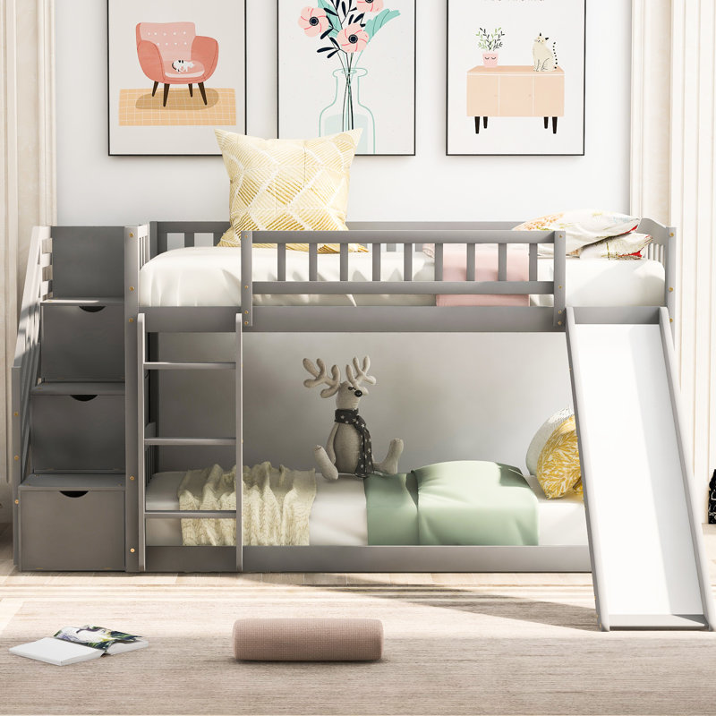 Lit superposé simple gris avec espace de rangement - Option pratique avec deux tiroirs et une glissade stable, Gris