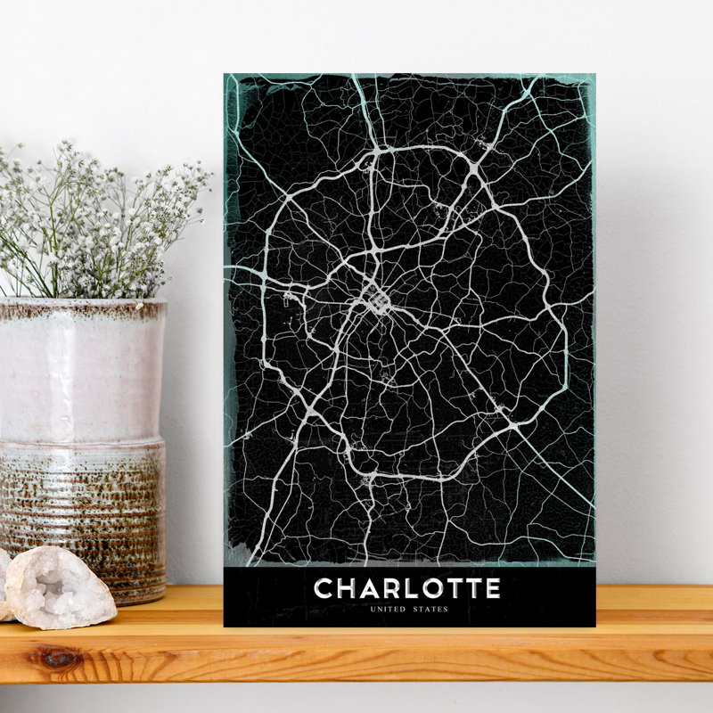 «Dark Charlotte City Map Minimalist Modern Contemporary City Architecture», reproduction d'art murale, H 18 po x l 12 po