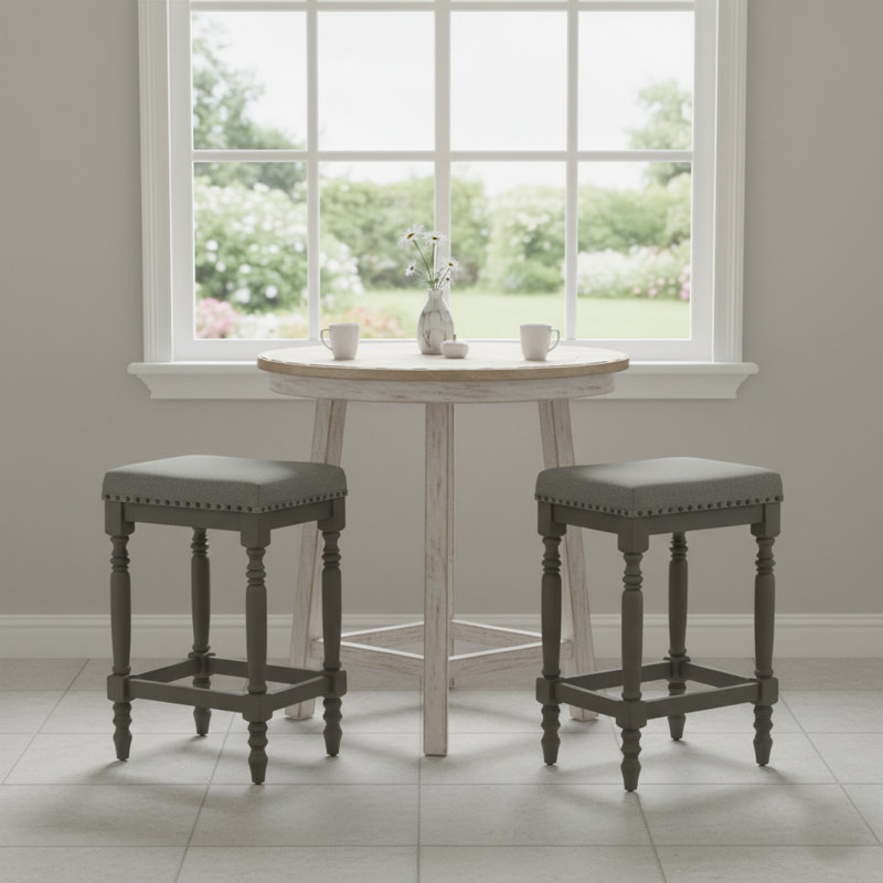Ensemble de 2 tabourets de bar traditionnels avec pieds en bois tournés, garniture cloutée pour la cuisine et le bar à la maison