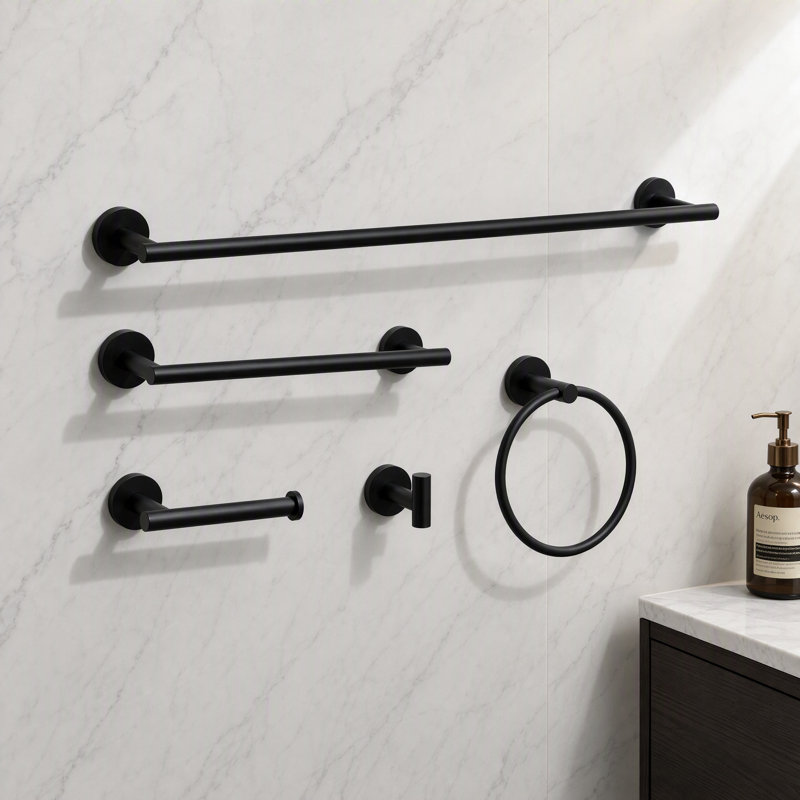 5 Piece Bathroom Hardware Set Modern Wall Mounted Round, Matte Black