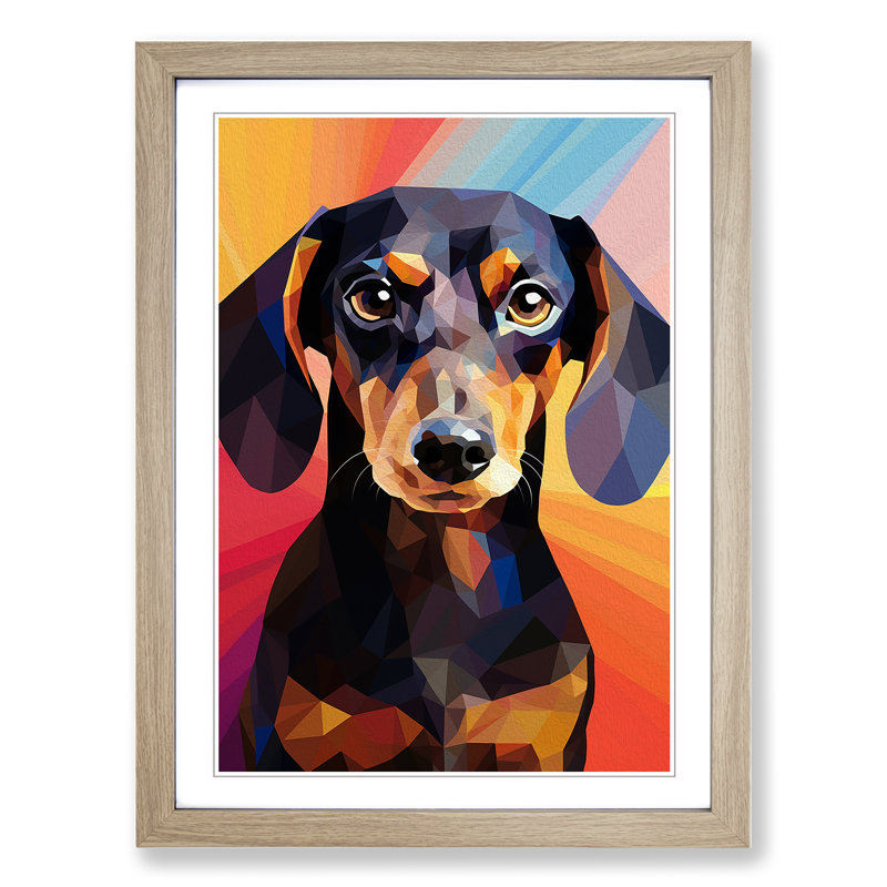 Dachshund Geometric - Framed Print, 46cm H x 34cm W, Oak Framed