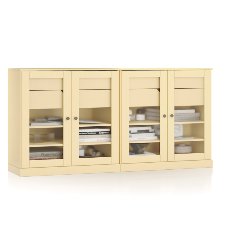 100% Solid Wood 64" Sideboard with Frosted Glass Doors, 4-Drawers and Adjustable Shelves, Yellow