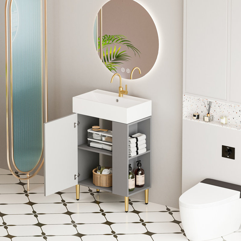 Meuble-lavabo à tablettes 21,6 po avec évier en céramique, porte à fermeture douce, armoire de rangement à tablettes ouvertes sur le côté droit, assemblage requis