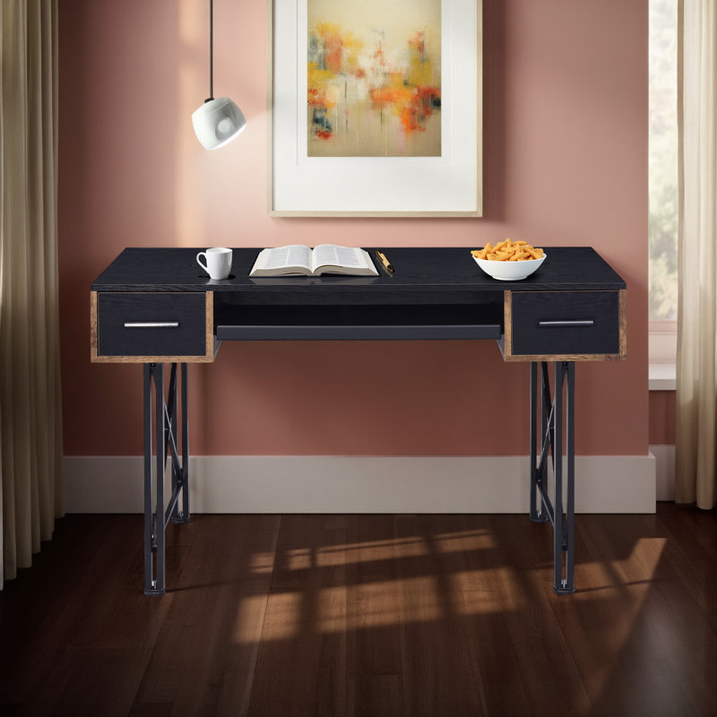 Modern Computer Desk with Distressed Casegood & Black Metal Frame, Double Pedestal Base & X-Shaped Support for Home Office