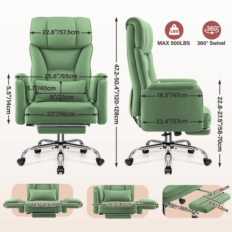 Chaise de bureau de direction ergonomique en velours avec accoudoirs rabattables, Vert