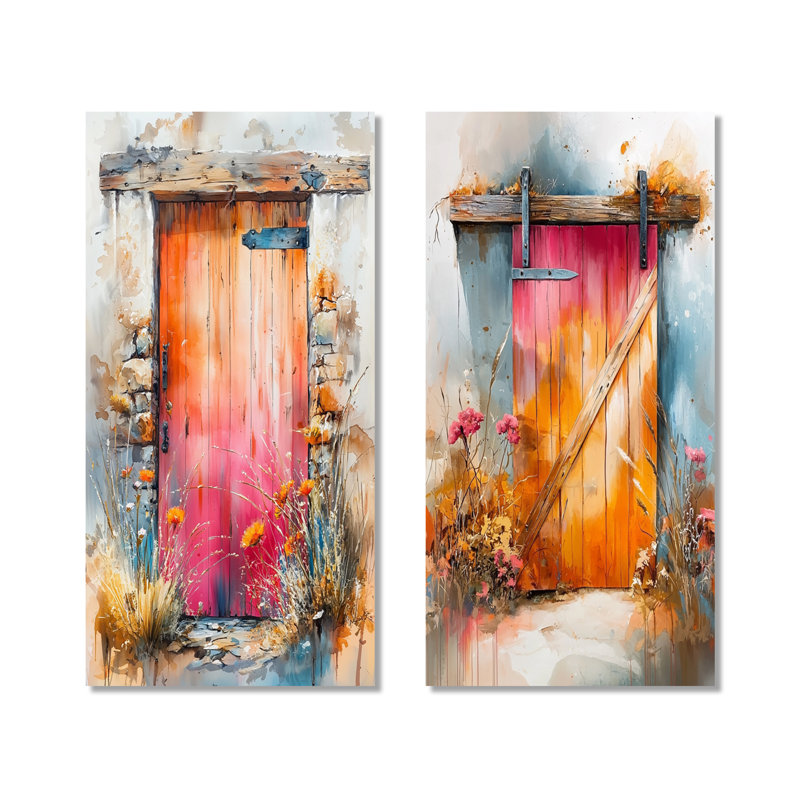 Porte de grange fleurs dans des tons oranges et roses I - ferme 2 panneaux d'art mural en métal, 32" H x 32" W