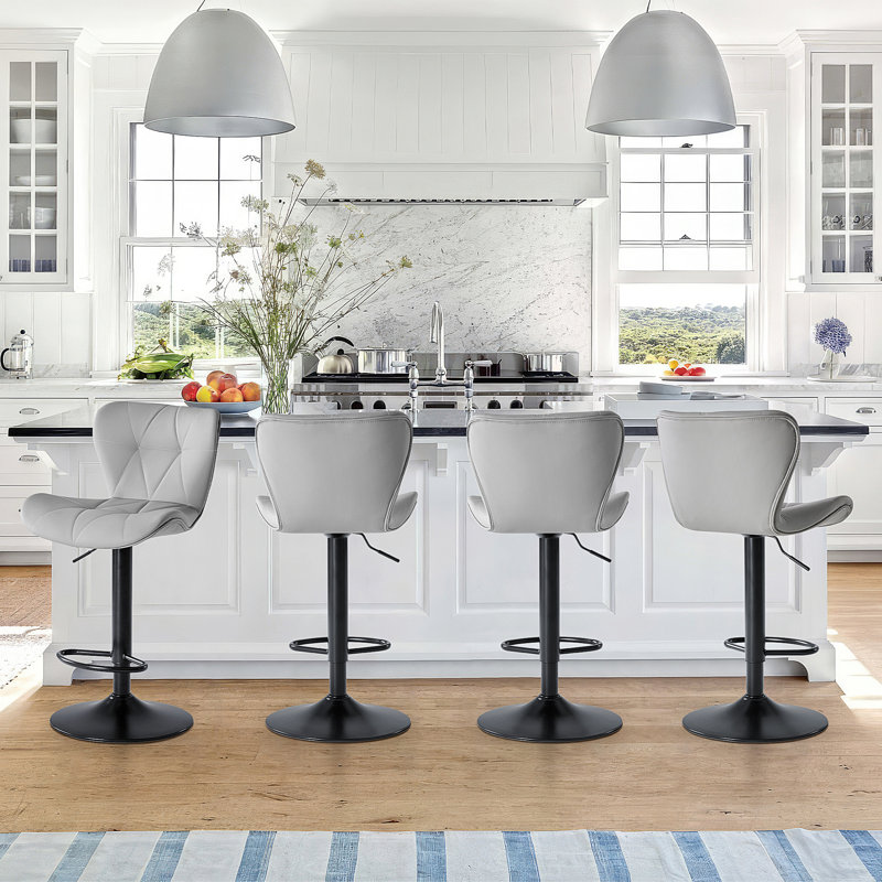 Swivel Adjustable Height Bar Stools, Leather Upholstered Counter Stools, Modern Pub Stool, Grey, 4