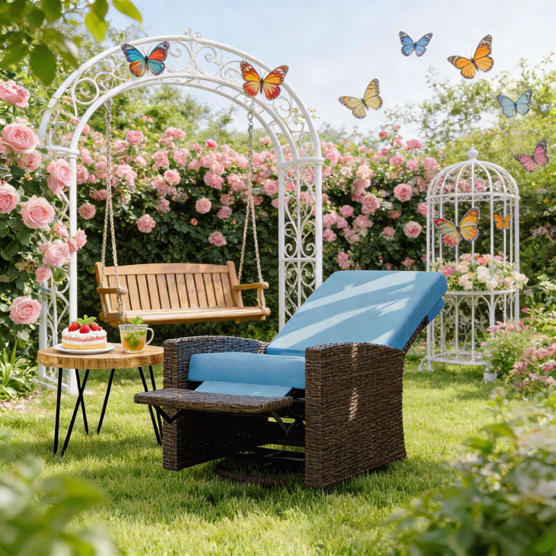 Rattan Chair,Outdoor Swivel Recliner Chair, Sky Blue Cushion/Brown Frame