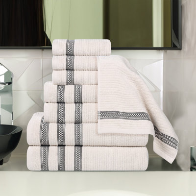 Zero Twist Cotton Ribbed Geometric Border 8-Piece Bathroom Towel Set