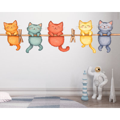 Adorable autocollant mural chaton mignon, chats sur corde à linge, art mural animaux de chambre d'enfant, décoration de chambre d'enfant, autocollants en vinyle 249GM