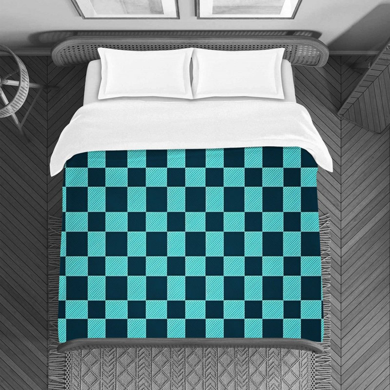 Housse de couette , Housse de couette pour lit simple, Bleu marine / damier vert