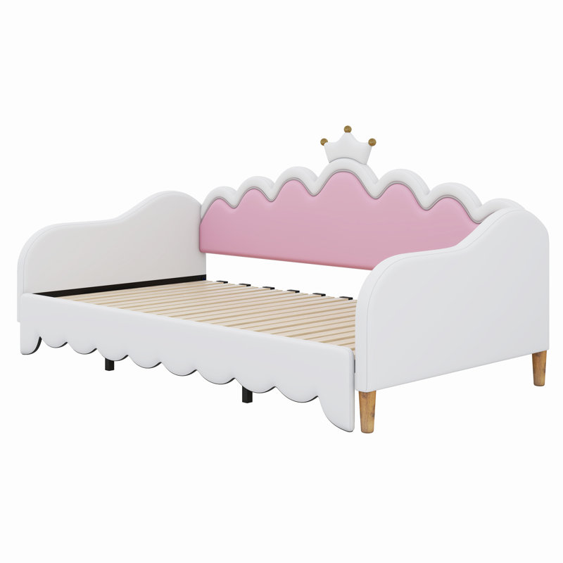 Upholstered Princess Daybed With LED Lights And Crown Headboard, White/Pink