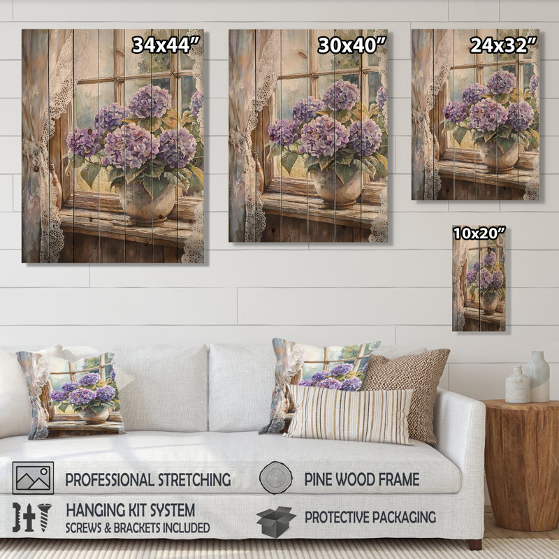 Hortensias par The Farmhouse Window II - décoration murale en bois d'hortensias - sur bois de pin naturel