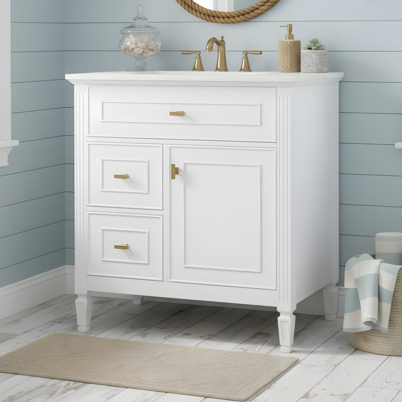 Meuble-lavabo autoportant de 30 po avec lavabo, un tiroir rabattable, deux tiroirs standard et une tablette réglable, Blanc