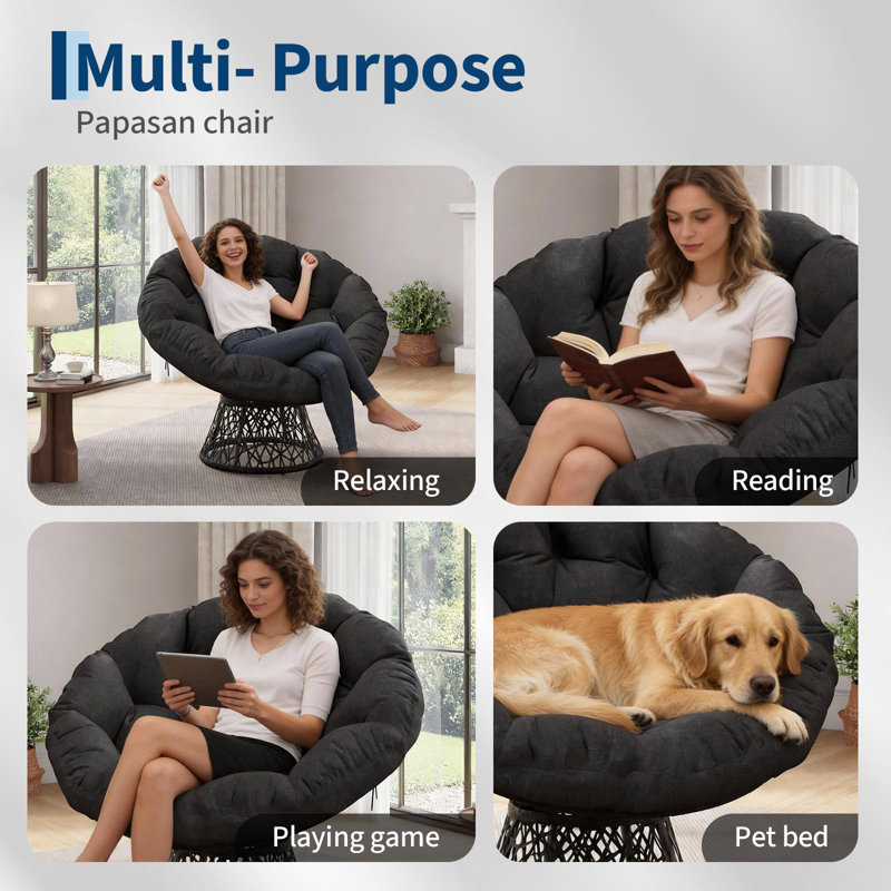 360° Swivel Outdoor Papasan Chair, 37" Ergonomic Wicker Egg Rocker, Heavy-Duty Steel Frame for Patio, Balcony, Porch, Living Room