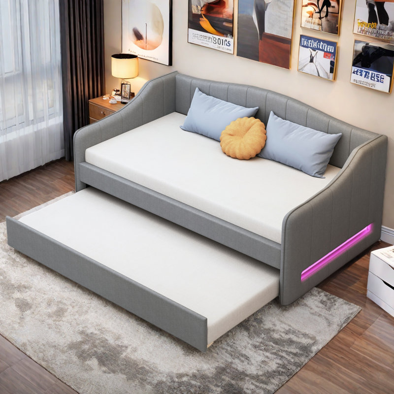 Lit de jour moderne rembourré avec ceinture à DEL et couchette, Gris