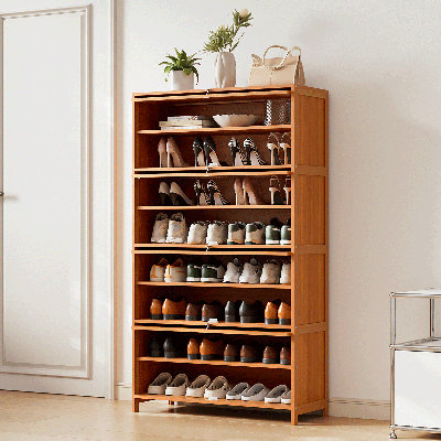 Armoire à chaussures à 8 niveaux en bambou, étagère à chaussures avec porte rabattable pour le couloir de la maison