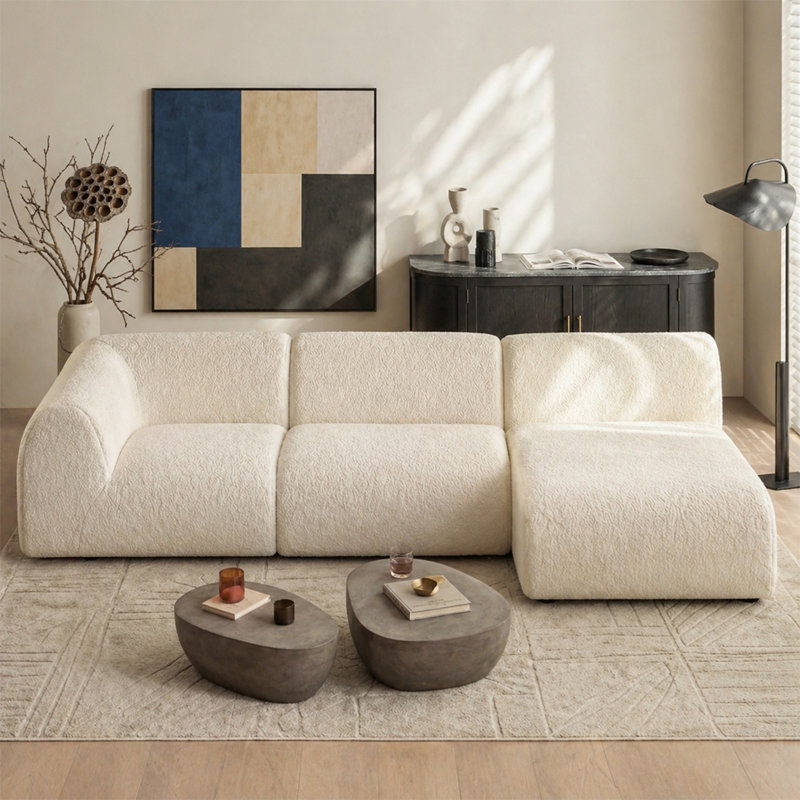 Canapé modulaire courbé avec méridienne Grossman, White Teddy