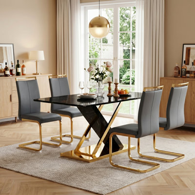 Modern 5-Piece 63" Rectangular Faux Marble Tempered Glass Dining Set with Faux Leather Cantilever Chairs