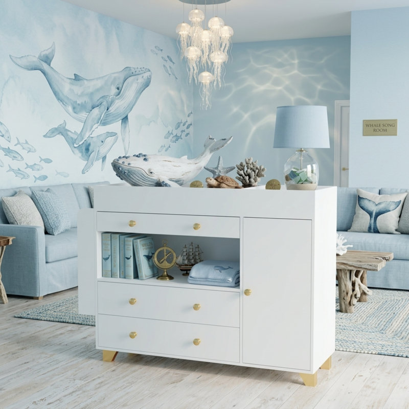 Commode 54 po pour enfants avec 3 tiroirs, armoire fermée et tablettes ouvertes, coffre de rangement en MDF pour chambre de bébé avec boutons dorés, rangement pour tout-petits et enfants