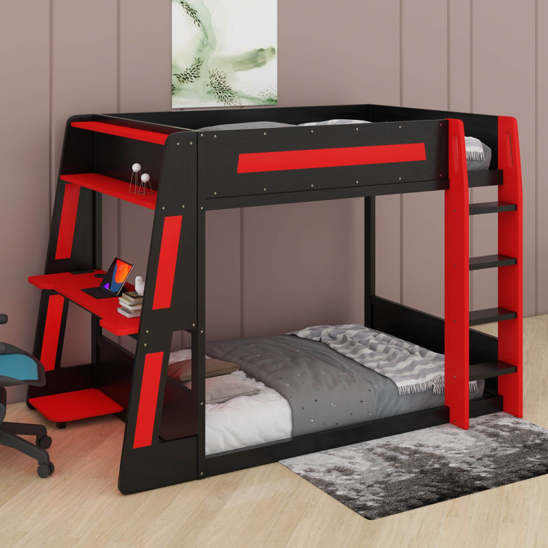 Lit superposé double en bois pleine grandeur avec bureau, deux tablettes de rangement, USB et lumière DEL, Double, Noir/rouge