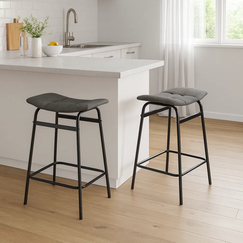 Nery Counter Height Stool Set Of 2, Gray Fabric Seat, Black Metal Legs, Black