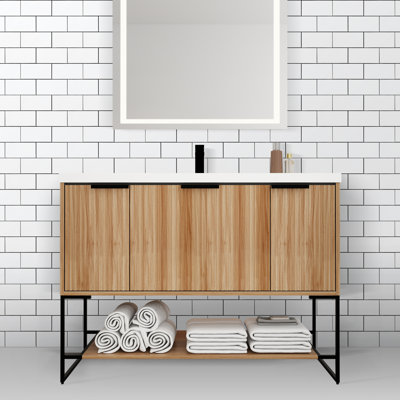 Meuble-lavabo autoportant à lattes de bois 48 po avec lavabo en résine et structure en métal Pritha - Solution de rangement de salle de bain moderne