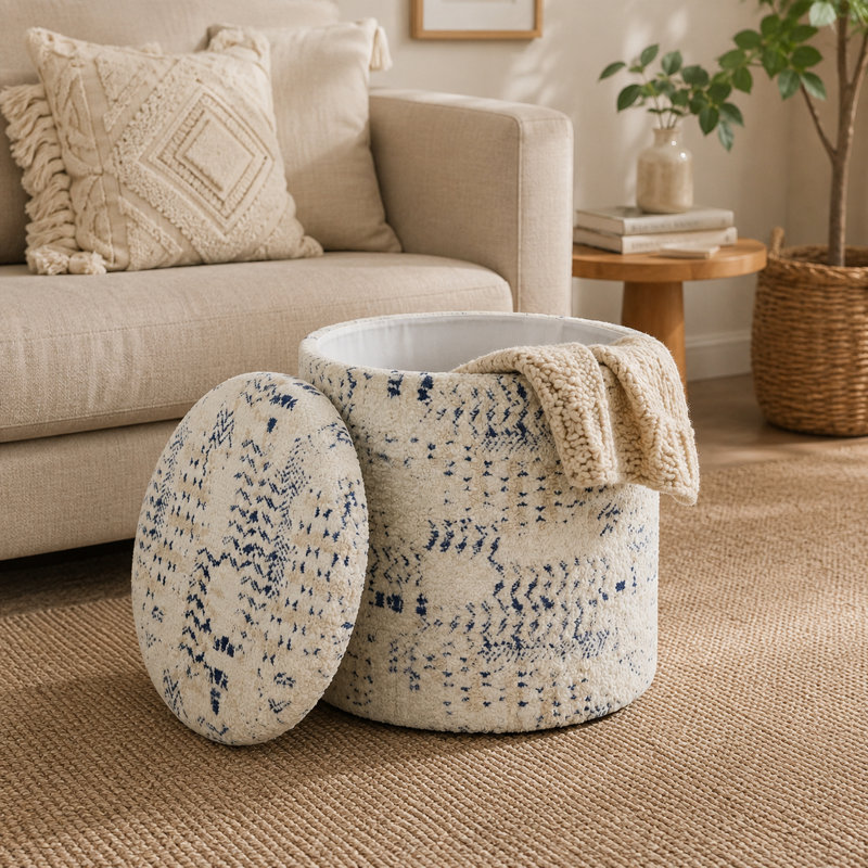 Hugh 40cm Wide Round Abstract Footstool Ottoman