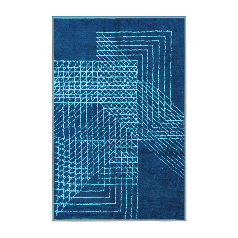 Tapis bleu abstrait en laine et polyester tissés à la machine, Rectangle 2 pi x 3 pi