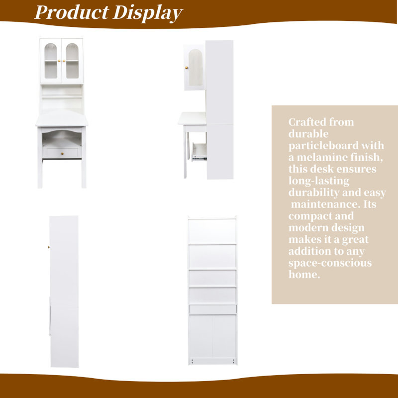 Multi-Functional Foldable Writing Desk with Convertible Bookshelf, Shelves, Drawer
