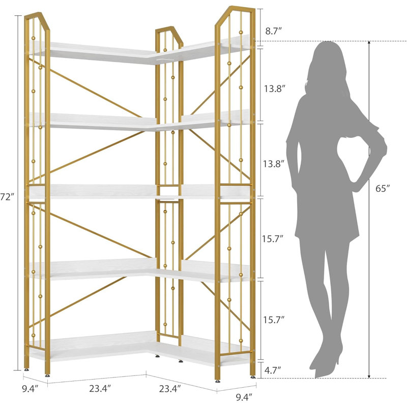 Corner Bookshelf 72" L Shaped Bookcase, Corner Bookshelves Industrial Bookcase 5 Tier L-Shape Bookshelf, Large Bookcases with Beaded Design Tall Display Rack Shelf for Living Room Bedroom