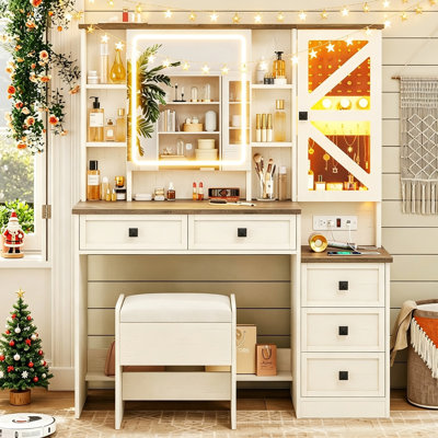 Ensemble de coiffeuse blanche avec lumières, miroir et tabouret de rangement pour coiffeuse