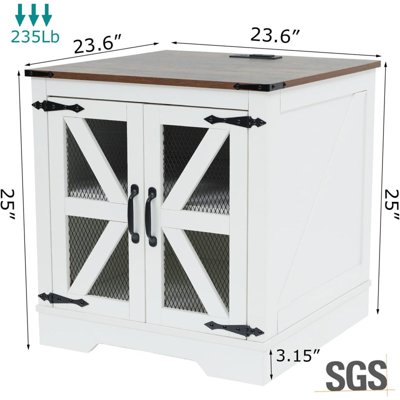 Farmhouse End Table with Charging Station - Nightstand with 2 Outlets & 2 USB Ports - Vintage Industrial Side Table, White