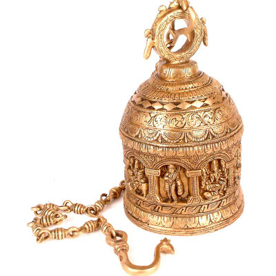 36" Brass Nava Durga Hanging Bell - Handmade Nine Forms of Durga Temple Puja Decor Ritual Bell