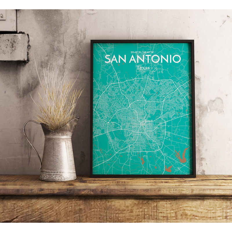 «San Antonio City Map», reproduction d'impression sur affiche en vert, H 24 po x l 18 po