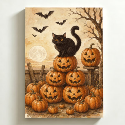 Tableau d'Halloween sur toile 40 x 60 cm. Chat noir perché sur un tas de citrouilles sculptées, chauves-souris en vol, pleine lune, clôture rustique. Impression d'automne aquarelle sur toile. Décoration murale moderne pour chambre, salon et bureau.