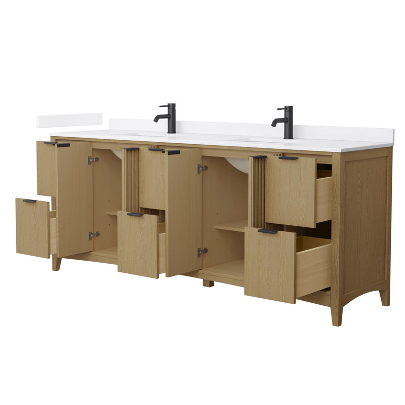 Meuble-lavabo double autoportant 84 po avec plateau en marbre de culture Palmilla, Beige, Noir mat, Blanc blanc