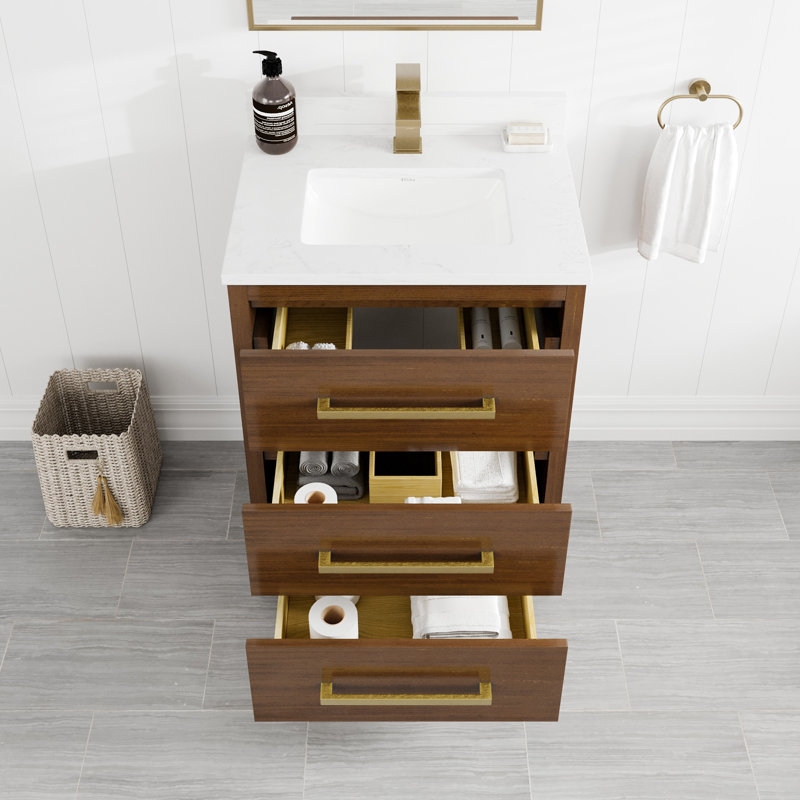 Meuble-lavabo l 24 po x P 18 po Ilsa avec comptoir en quartz de Carrare blanc et lavabo en porcelaine encastré, Noyer