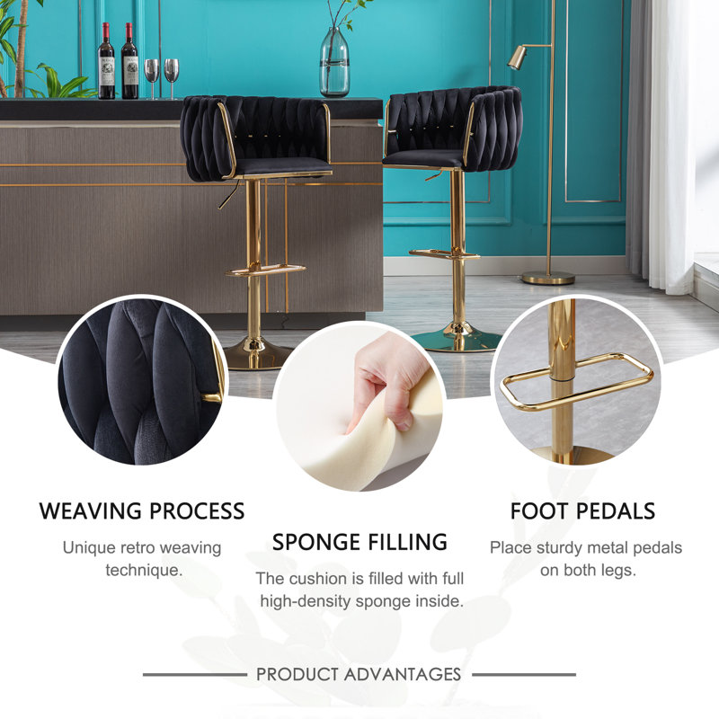 Tabourets de bar en velours de luxe avec base en métal doré, chaises de bar pivotantes à hauteur réglable avec accoudoirs pour îlot de cuisine, bar, décor de maison moderne (noir) (ensemble de 2)