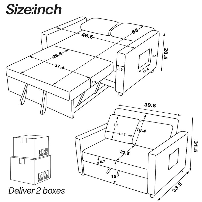 Canapé-lit inclinable 3-en-1 avec coussins pour petits espaces Ross, Marine